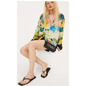 H&M Women's Lemon Print Amafi Coast Santorini Button Down Shirt Size Medium